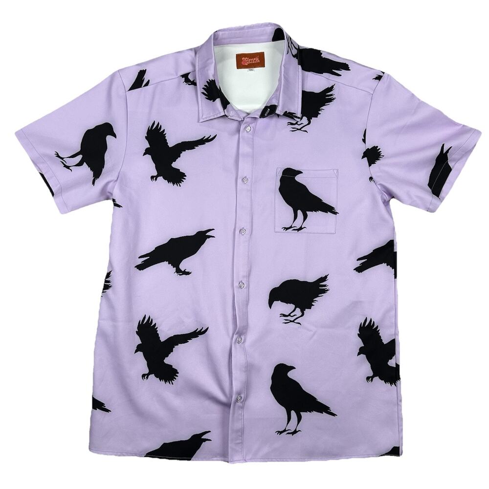 Sleepy Peach Button Up Shirt Crow Novelty Print Button Down Men's Size 3XL